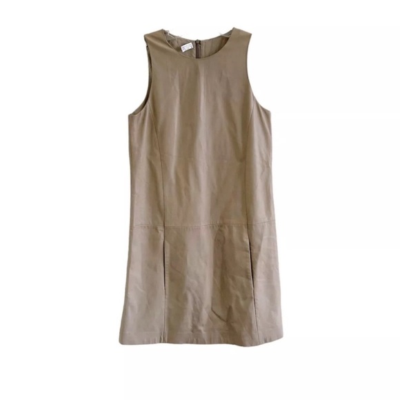 Brunello Cucinelli Tan Leather Silk Sleeveless Mini Shift Dress - Picture 1 of 8